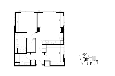 Floor plan for 2 beds, 2 baths, 1046 sqft